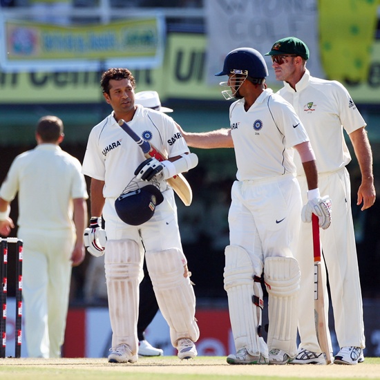 Sachin Tendulkar of India is congratulated by Matthew Hayden of Australia (right)