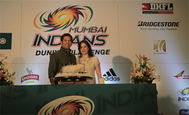 Sachin Tendulkar and wife Anjali during his birthday celebrations organised by Mumbai Indians on Wednesday
