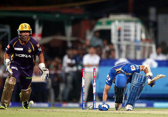 Sachin Tendulkar is bowled by Kolkata's Sunil Narine
