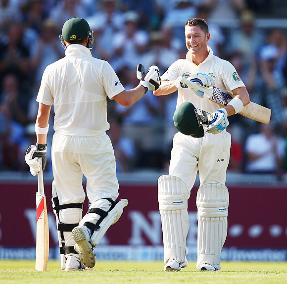 Australia captain Micheal Clarke celebrates scoring a century against England in the third Ashes Test on Thursday