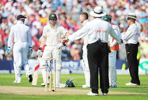 Umpire Marais Erasmus gives Steve Smith of Australia not out after it was referred to the third umpire