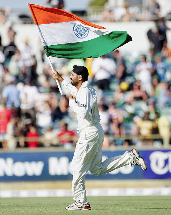 Indian 12th man Harbhajan Singh runs onto the field to celebrate India's 72 run win over Australia after day four of the Third Test between Australia and India at the WACA on January 19, 2008 in Perth, Australia