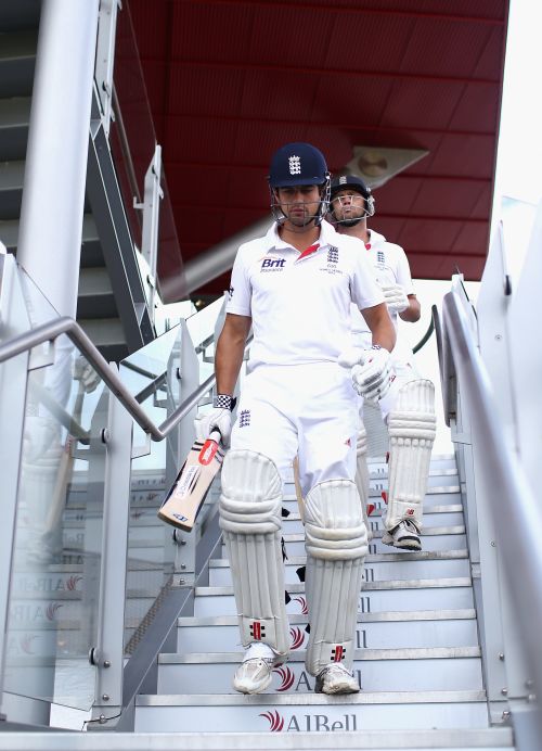 Alastair Cook and Jonathan Trott of England walk out to bat during day three of the 3rd Ashes Test
