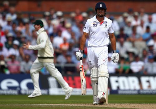 Alastair Cook of England looks dejected after being dismissed by Mitchell Starc