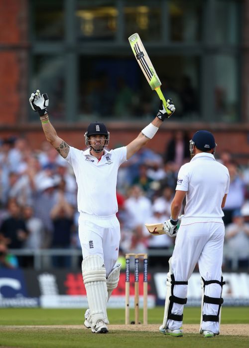 Kevin Pietersen of England celebrates after reaching his century
