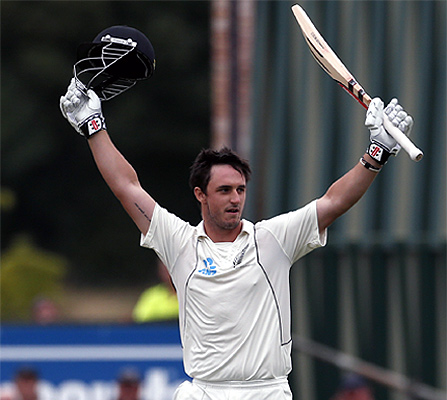 New Zealand's Hamish Rutherford celebrates making his century during the third day of the first Test against England at the University Oval in Dunedin