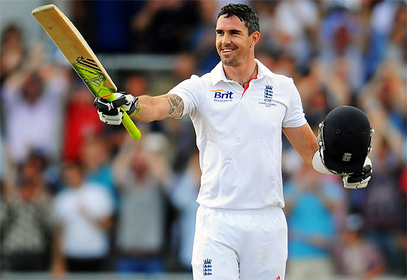 Kevin Pietersen of England celebrates his century on Day III at Old Trafford