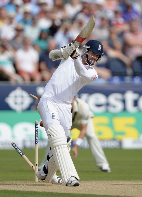 James Anderson of England is bowled by Jackson Bird of Australia during day two of 4th Investec Ashes Test match 