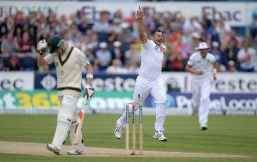 Tim Bresnan celebrates after taking the wicket of Steve Smith