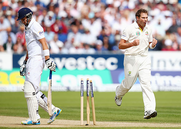 Ryan Harris of Australia celebrates after bowling Joe Root of England on Day 3 of 4th Ashes Test in Chester-le-Street, on Sunday