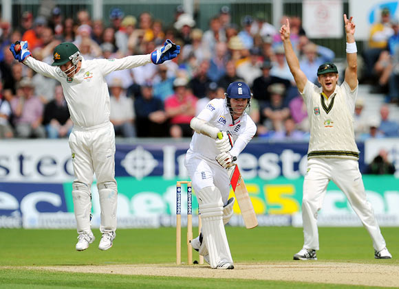 James Anderson is caught by wicketkeeper Brad Haddin