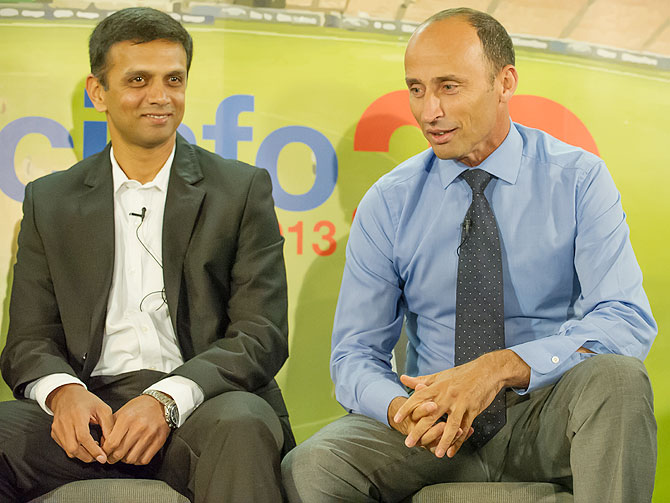 Rahul Dravid and Nasser Hussain at the event organised by ESPNcricinfo in London on Monday