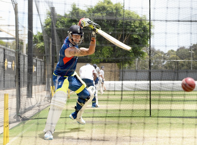 Kevin Pietersen of England bats during nets session