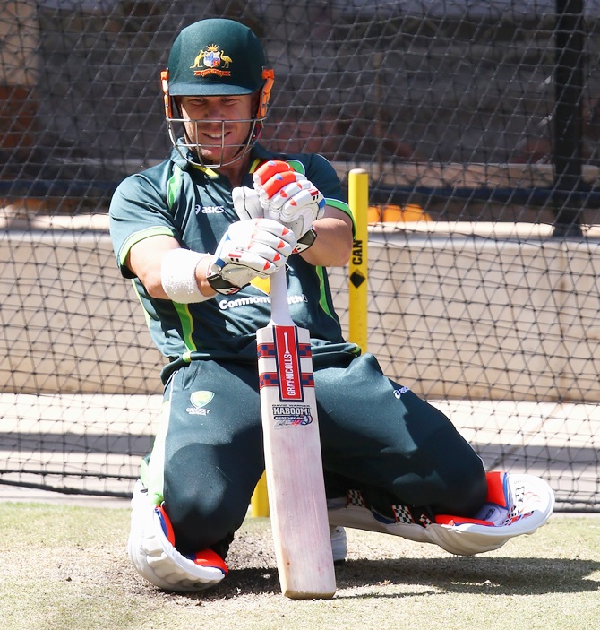 David Warner of Australia bats during nets session