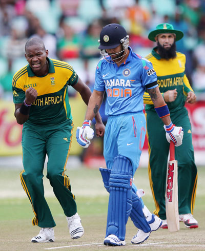 Lonwabo Tsotsobe celebrates Virat Kohli's wicket