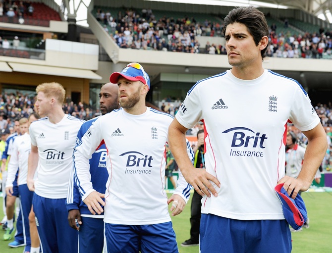 England captain Alastair Cook lines up with his team after losing the Second Ashes Test