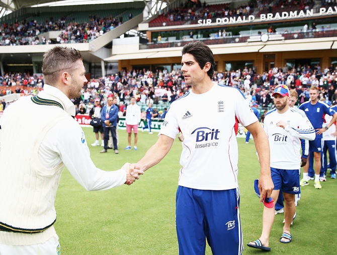 Michael Clarke of Australia is congratulated by Alastair Cook of England