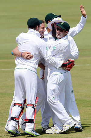 South Africa players celebrate a wicket