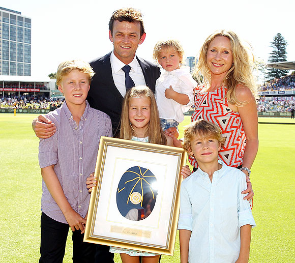 Adam Gilchrist of Australia poses with his family after being inducted into the ICC's Hall of Fame on Day 1 of the Third Ashes Test at WACA in Perth on Friday