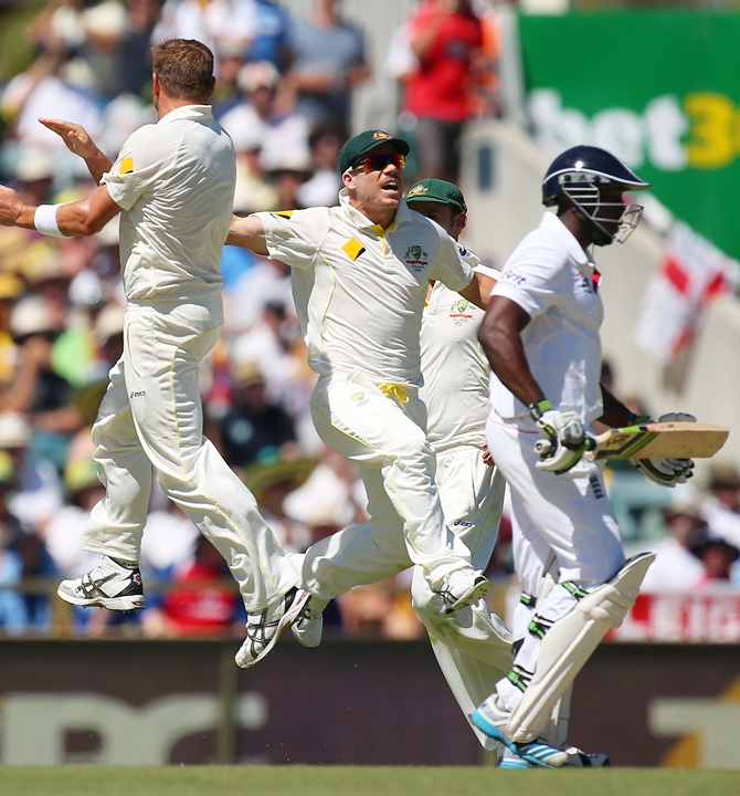 Ryan Harris of Australia celebrates with David Warner after taking the wicket of Michael Carberry of England