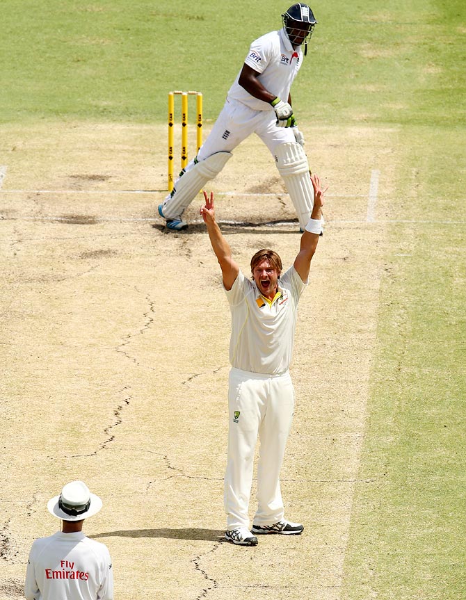 Shane Watson appeals for the wicket of Michael Carberry
