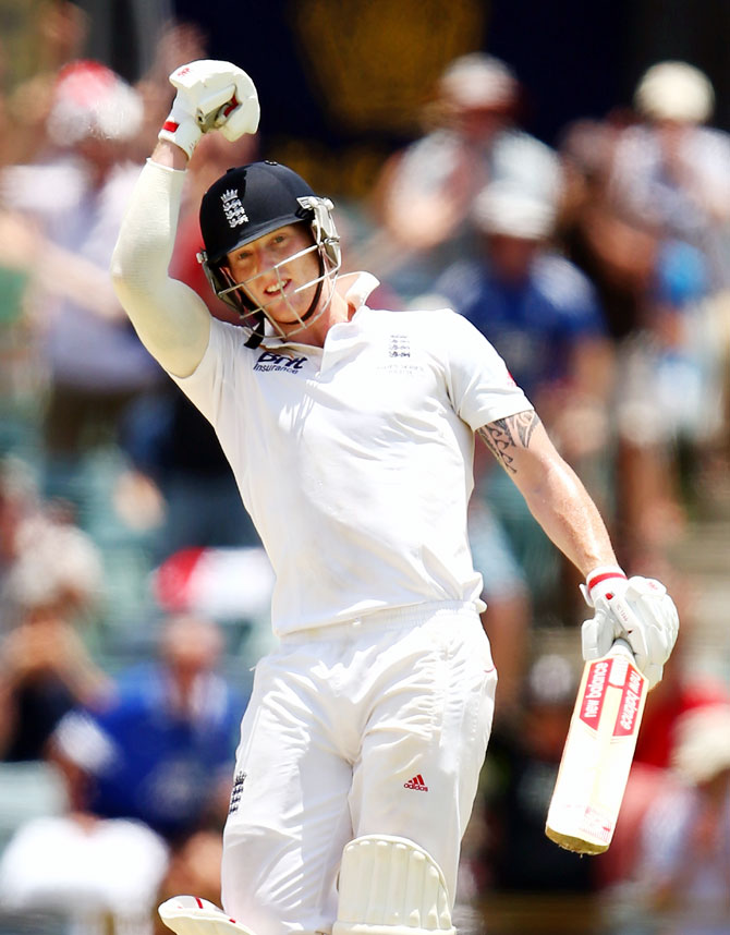Ben Stokes of England celebrates after completing his first Test century on Day 5 of the Third Ashes Test against Australia at WACA in Perth on Tuesday