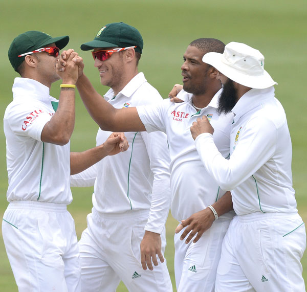 Vernon Philander of South Africa celebrates his 100th Test wicket 