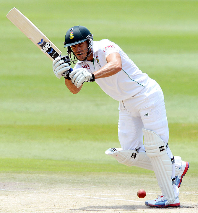 Faf du Plessis of South Africa plays a square drive on Sunday