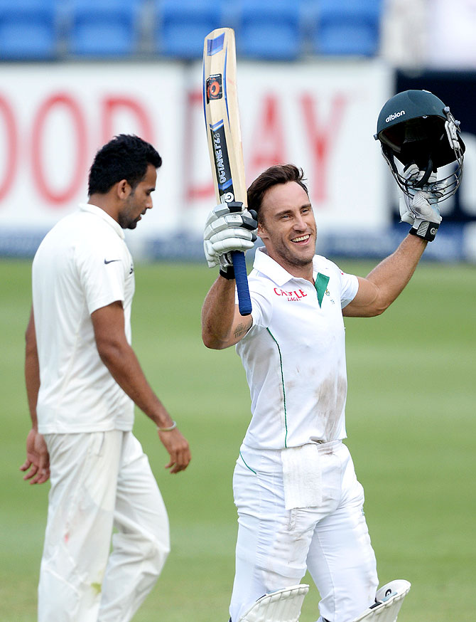 Faf du Plessis of South Africa celebrates his century
