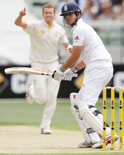 Alastair Cook of England reacts after being dismissed by Peter Siddle of Australia