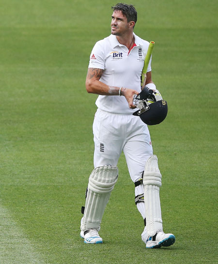 Kevin Pietersen of England walks off after his dismissal