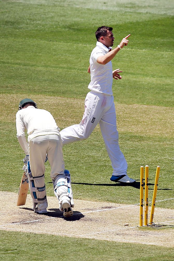 James Anderson of England celebrates bowling Michael Clarke of Australia on Day 2 of the Fourth Ashes Test at Melbourne Cricket Ground on Friday