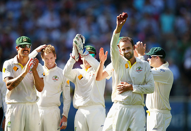 Nathan Lyon celebrates his five-wicket haul on Fridayq