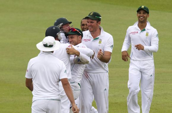 South African players celebrate after picking up a wicket