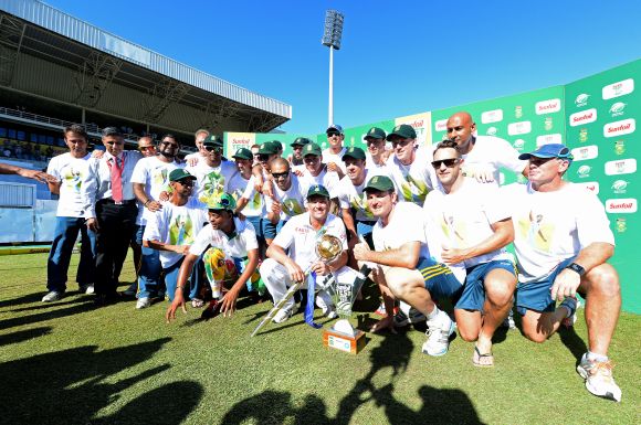 South African team pose for photographers after winning the Test series