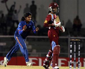 Niranjana celebrates after picking up the wicket of Deandra Dottin