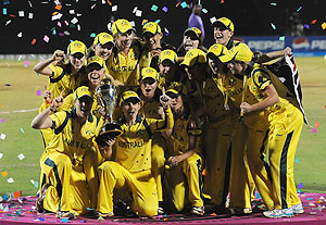 The Australian women's cricket team celebrate after winning the World Cup at the Brabourne stadium, Mumbai, on Sunday
