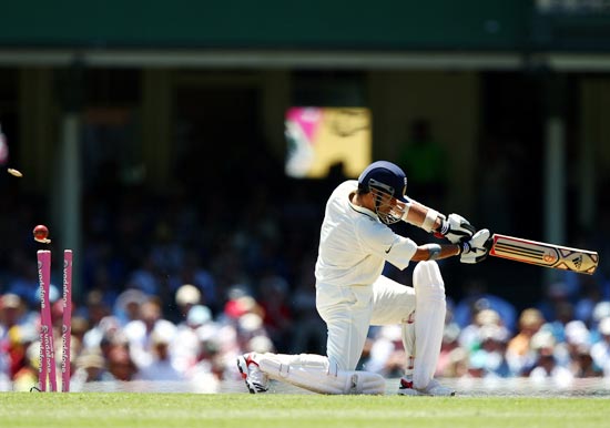 Sachin Tendulkar is bowled by James Pattinson of Australia during day one of the second Test in Sydney in January last year