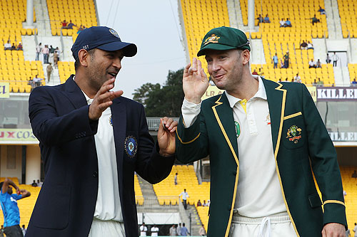 MS Dhoni of India and Michael Clarke Captain of Australia at the toss on Day 1 of the 1st Test at the MA Chidambaram Stadium in Chennai on Friday