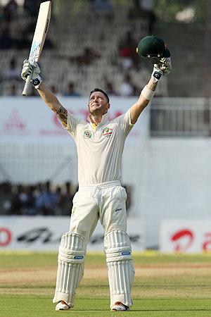 Australia captain Michael Clarke celebrates his century on Day 1 of the 1st Test against India at the MA Chidambaram Stadium in Chennai on Friday