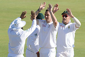 Kyle Abbott of South Africa celebrates the wicket of Saeed Ajmal of Pakistan on Day 2 of the 3rd Test between South Africa and Pakistan at SuperSport Park in Pretoria on Saturday