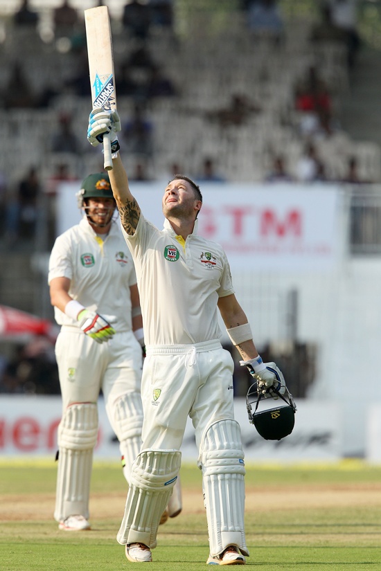 Michael Clarke celebrates his century in the 1st innings