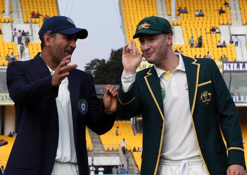 Mahendra Singh Dhoni chats to his Australian counterpart Michael Clarke