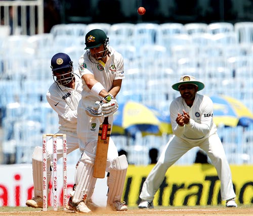 Australia batsman Ed Cown is beaten during the first Test match in Chennai