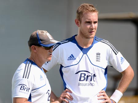 England pacer Stuart Broad with coach Andy Flower