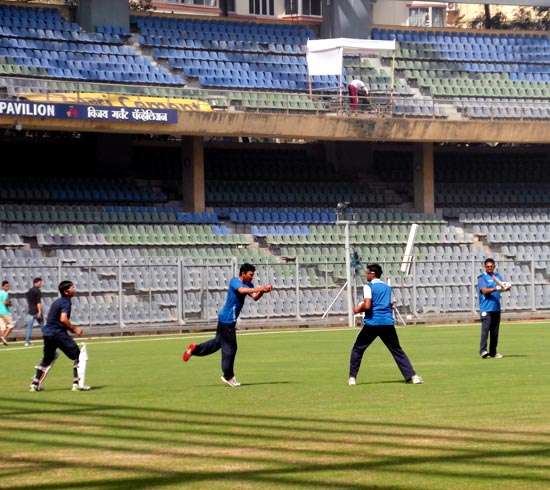 Saurashtra's players practice during the nets session at the Wankhede stadium
