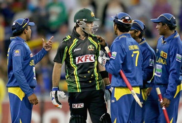 Glenn Maxwell of Australia and Sri Lankan players exchange words after the final ball of the second Twenty20 International series between Australia and Sri Lanka at the Melbourne Cricket Ground on January 28.
