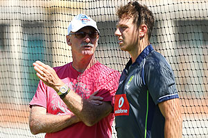 Dennis Lillee talks with James Pattinson during an Australian training session at WACA on Wednesday