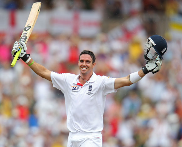 Kevin Pietersen of England celebrates after reaching his double century at Adelaide