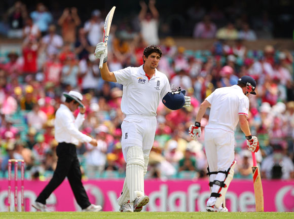 Alastair Cook of England acknowledges the crowd after scoring a century in Sydney